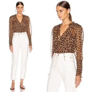 Veronica Beard Jaz Leopard Silk Blouse Smocked Ruffle Top Size 8